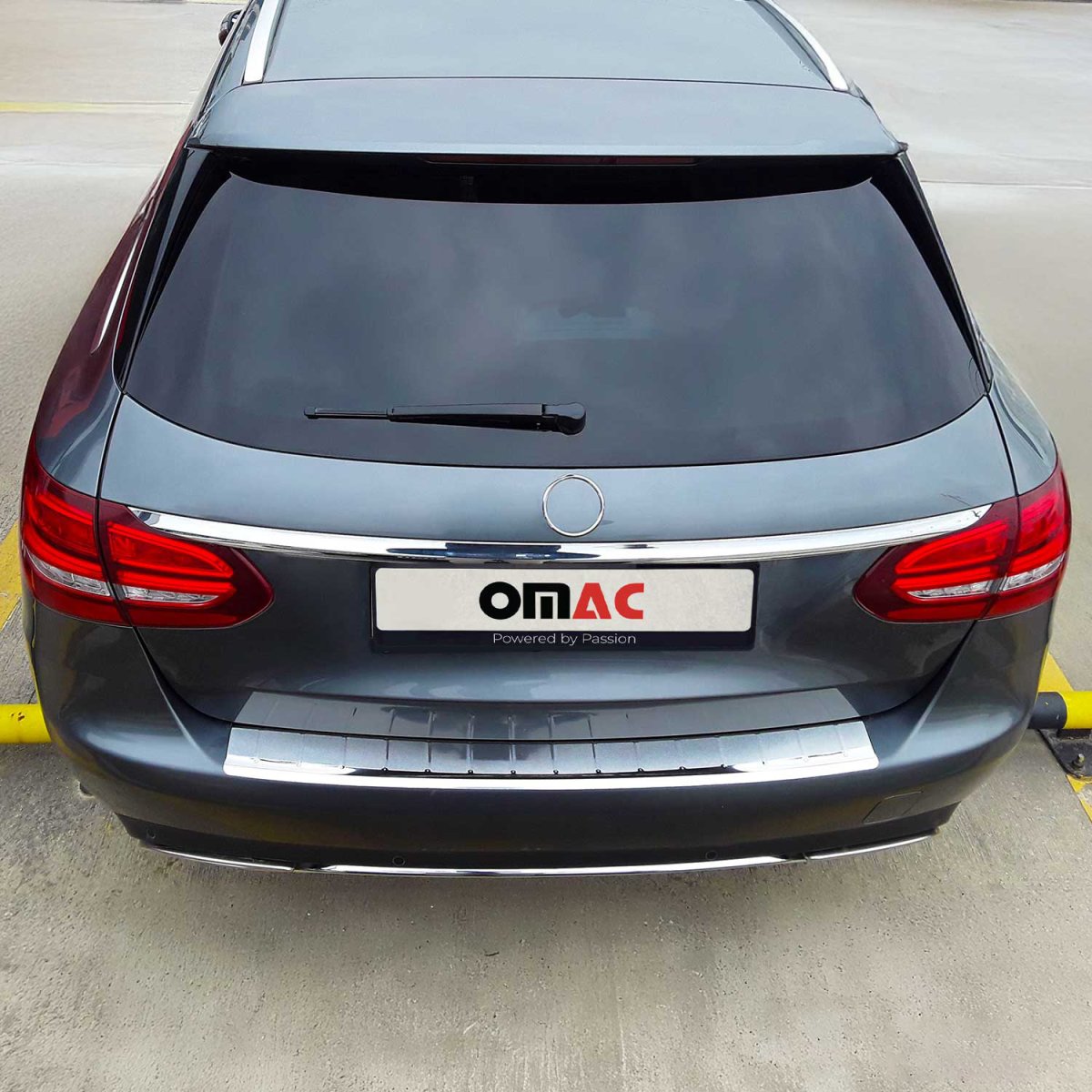 Mercedes C Class S205 Bumper Sill Cover - Rear - Omac - Gloss Silver - '15-'21 Mercedes C Class S205 Bumper Sill Cover - Rear - Omac - Gloss Silver - '15-'21